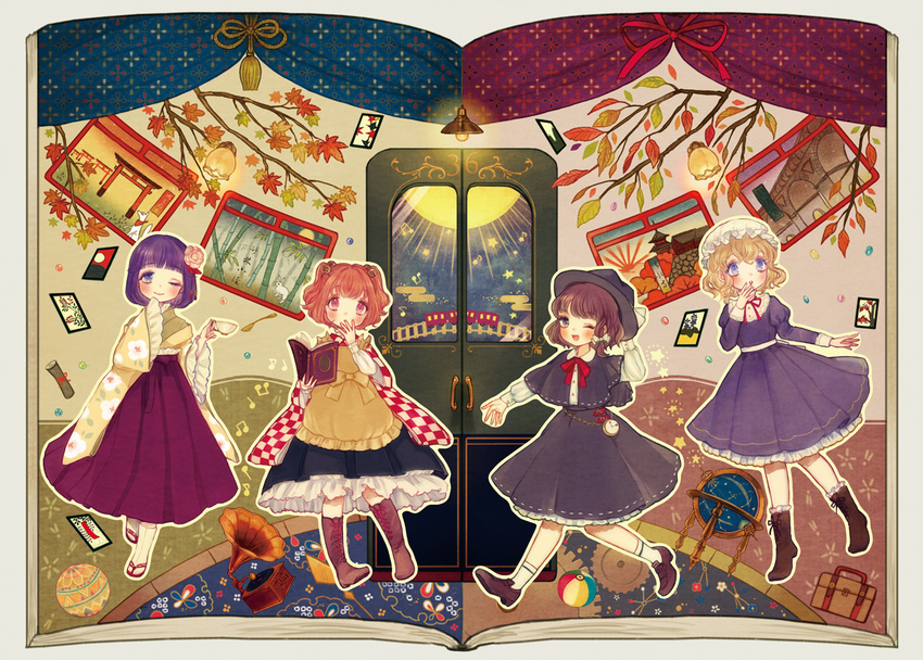 apron bamboo bamboo_forest bell blonde_hair blush book boots brown_hair capelet checkered commentary cross-laced_footwear cup door dress floral_print flower forest full_body hair_bell hair_flower hair_ornament hanafuda hat hat_ribbon hieda_no_akyuu japanese_clothes lace-up_boots leaf long_sleeves looking_at_viewer maple_leaf maribel_hearn mob_cap motoori_kosuzu multiple_girls nature one_eye_closed open_book open_mouth orange_hair phonograph pocket_watch puffy_sleeves purple_eyes purple_hair red_eyes ribbon sandals sash shirt shoes short_hair skirt smile socks teacup torii touhou twintails usami_renko watch white_legwear wide_sleeves yujup