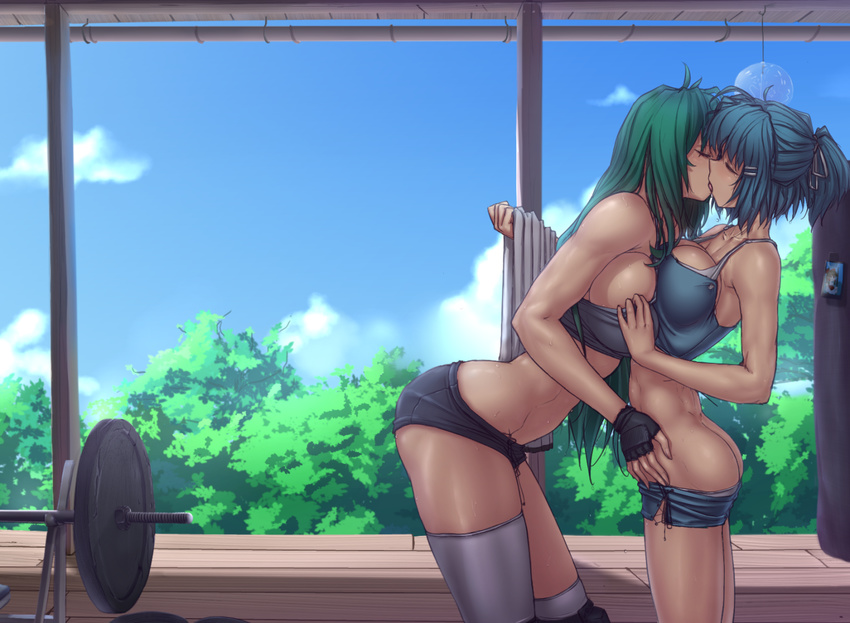 ahoge alternate_hairstyle arched_back ass asymmetrical_legwear bangs barbell black_gloves blue_hair breast_press breasts butt_crack closed_eyes cloud cloudy_sky cowboy_shot crop_top day fingerless_gloves foliage french_kiss from_side gloves green_hair gym hair_ornament hair_ribbon hairclip hakurei_reimu half_updo hater_(hatater) indoors kiss kochiya_sanae large_breasts leaning_forward long_hair midriff multiple_girls muscle muscular_female photo_(object) punching_bag ribbon short_shorts shorts shorts_pull sideboob sky sports_bra standing sweat symmetrical_docking tatara_kogasa thighhighs toned touhou towel tree undressing weights white_legwear wind_chime wooden_floor yuri