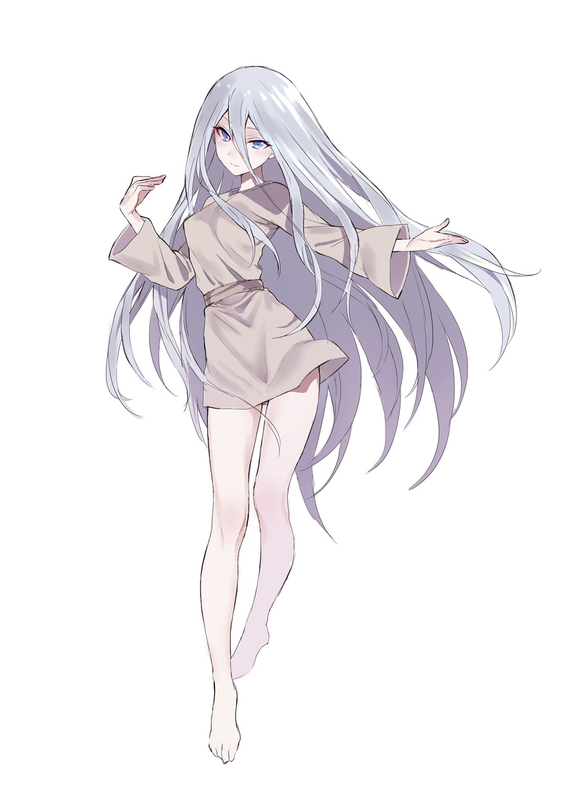 absurdres barefoot blue_eyes blue_hair dress full_body hair_between_eyes highres kisara long_hair looking_at_viewer maruchi sash short_dress simple_background sketch solo very_long_hair white_background yuu-gi-ou yuu-gi-ou_duel_monsters