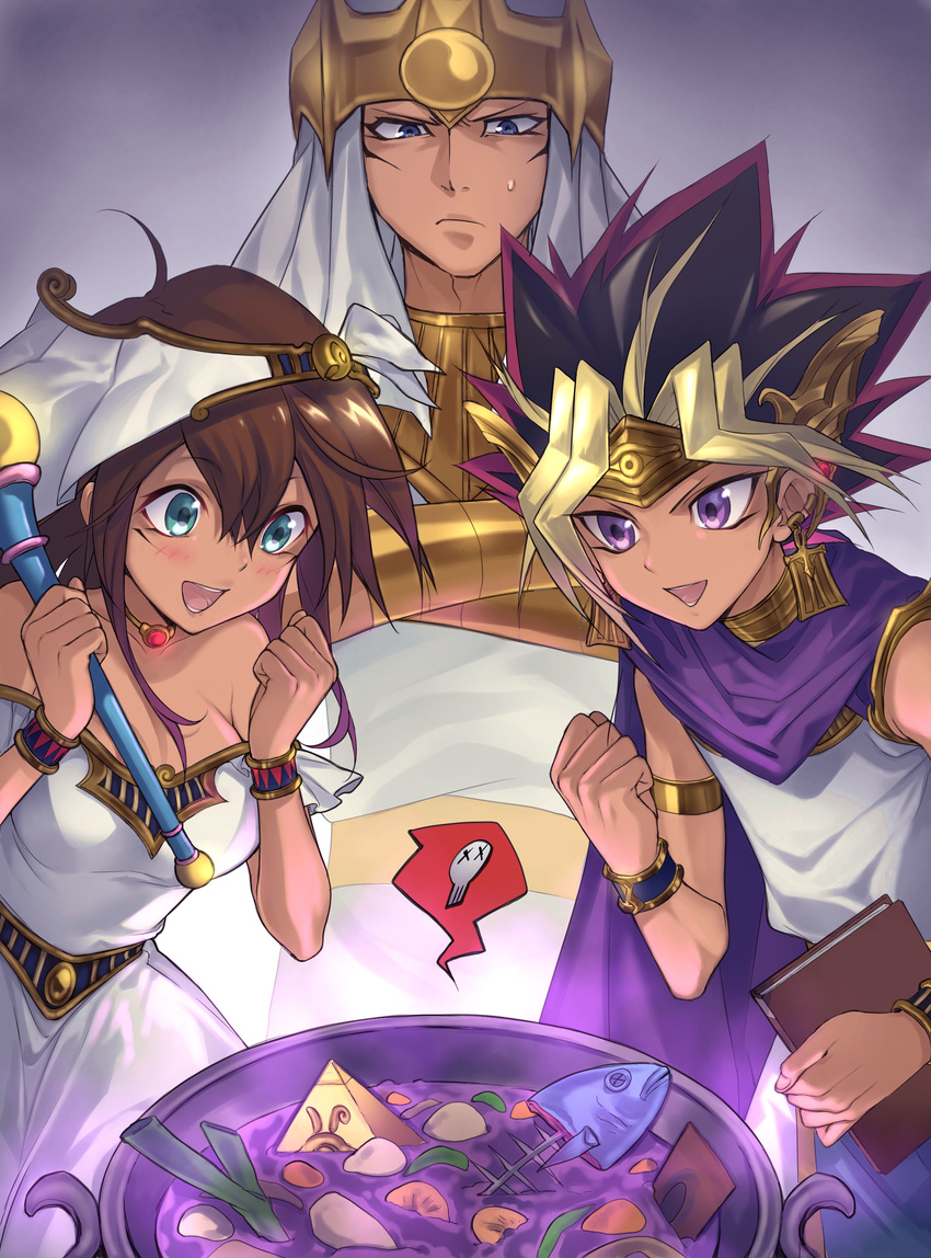 2boys :d absurdres armband atem bad_food bare_shoulders blush book bracelet cape cauldron choker clenched_hands commentary_request dark_skin dark_skinned_male earrings egyptian egyptian_clothes fish_bone food headdress headgear highres jewelry mahado mana_(yuu-gi-ou) maruchi millennium_puzzle multiple_boys off_shoulder open_mouth smile soup spoken_skull staff sweat vegetable yuu-gi-ou yuu-gi-ou_duel_monsters