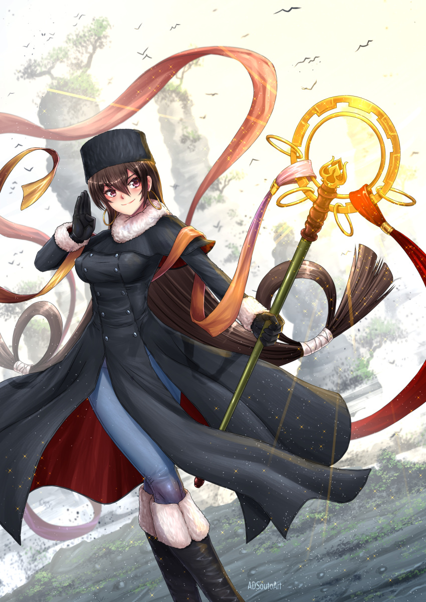 1girl adsouto alternate_costume artist_name bird black_gloves boots breasts brown_hair coat denim earrings fate/grand_order fate_(series) fur-trimmed_coat fur_trim gloves hair_rings hat highres hoop_earrings jeans jewelry knee_boots large_breasts mountain pants papakha purple_eyes shakujou smile staff tree xuanzang_(fate/grand_order)