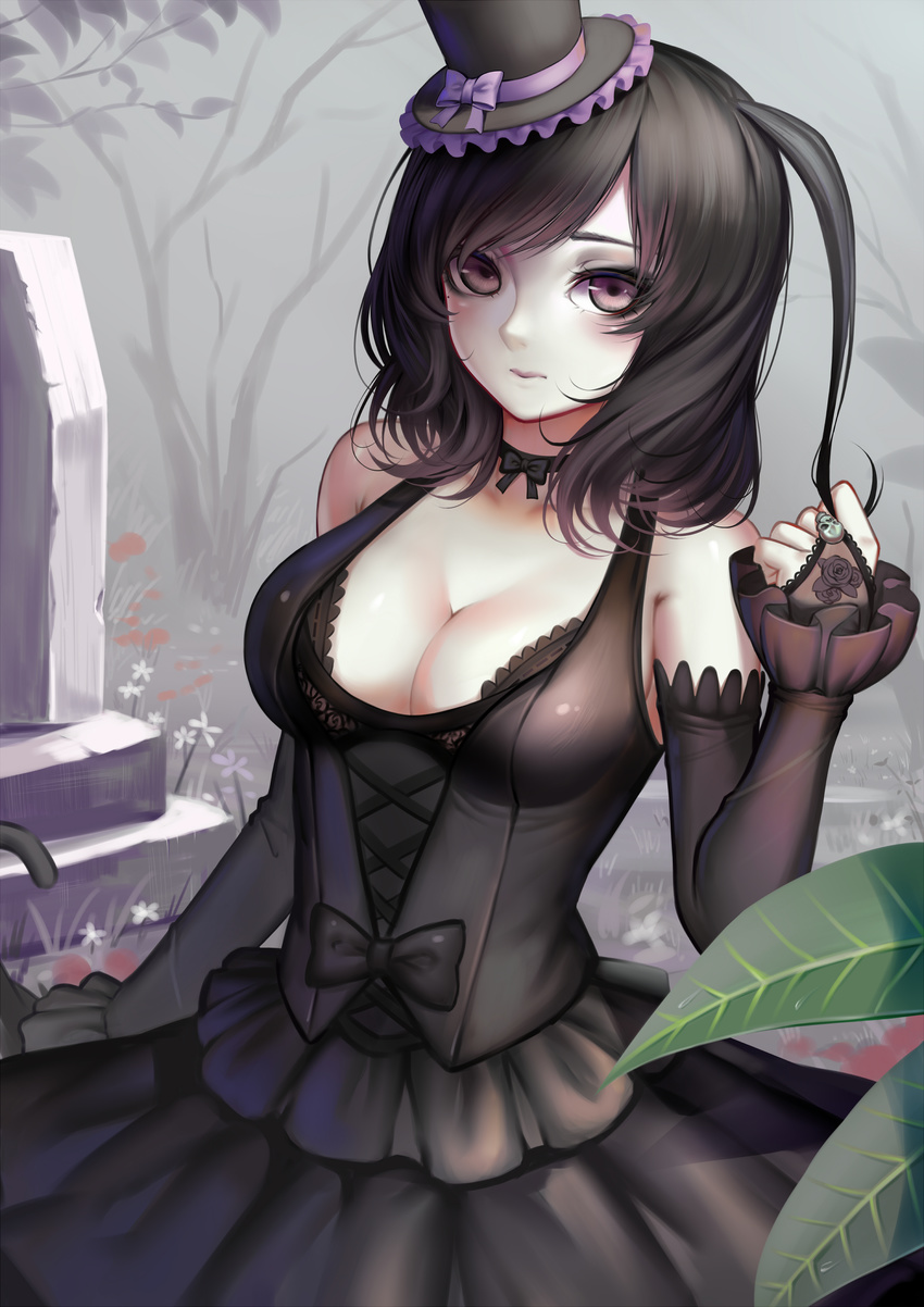 absurdres bare_shoulders black_hair breasts bridal_gauntlets brown_eyes cleavage cowboy_shot gothic_lolita hat highres lolita_fashion medium_breasts original short_hair solo sonikey0_0