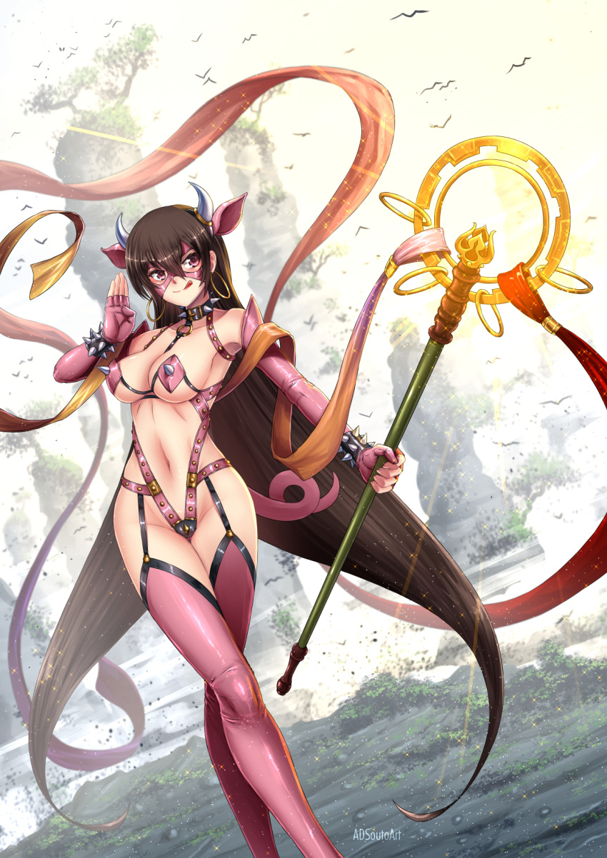 1girl adsouto alternate_costume animal_ears artist_name bird bracelet breasts brown_hair collar earrings elbow_gloves fate/grand_order fate_(series) garter_belt gloves highres hoop_earrings horns jewelry large_breasts licking_lips mountain navel o-ring o-ring_top pig_ears pig_tail purple_eyes revealing_clothes shakujou smile spiked_bracelet spiked_collar spikes staff tail tongue tongue_out tree xuanzang_(fate/grand_order)