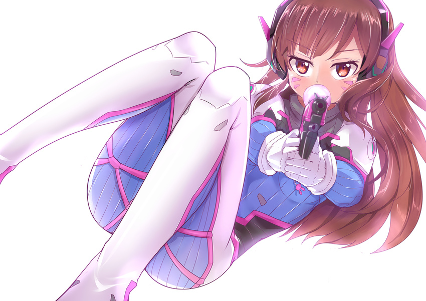 aiming_at_viewer bangs brown_eyes brown_hair bubble_blowing caibao chewing_gum commentary_request d.va_(overwatch) facial_mark gloves gun headphones highres holding holding_gun holding_weapon long_hair looking_at_viewer overwatch pilot_suit simple_background solo weapon whisker_markings white_background