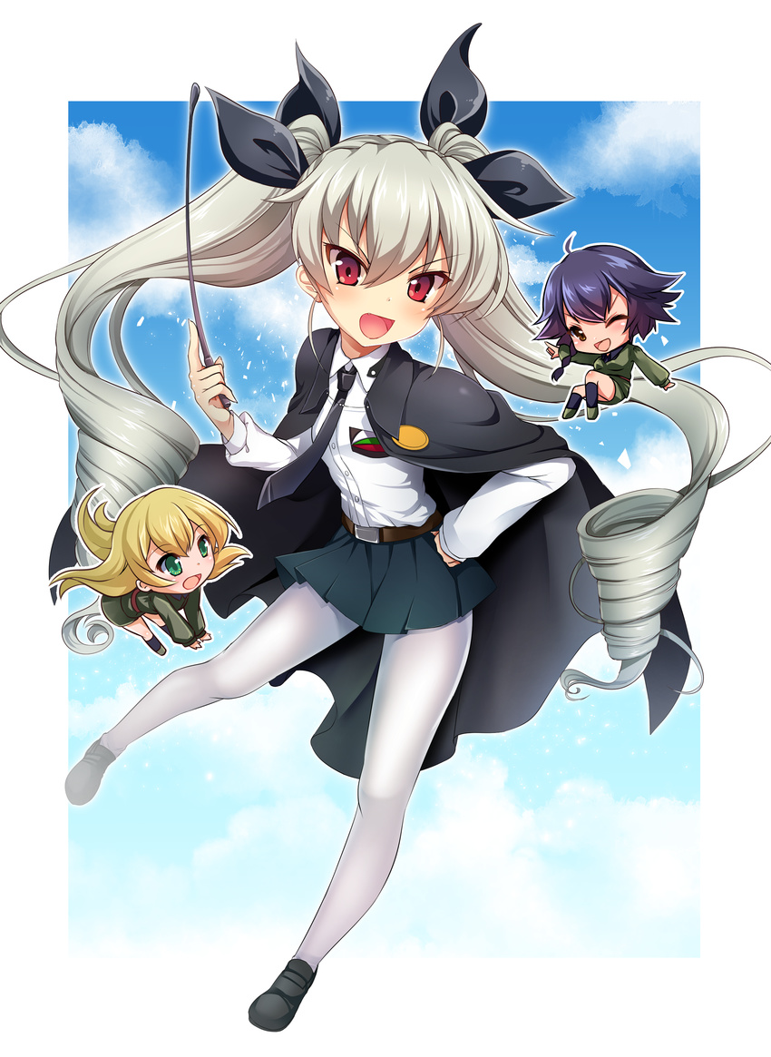 :d absurdres anchovy anzio_school_uniform black_footwear cape carpaccio chibi drill_hair full_body girls_und_panzer hand_on_hip highres holding kuru2pantu loafers long_hair long_sleeves looking_at_viewer military military_uniform multiple_girls open_mouth pantyhose pepperoni_(girls_und_panzer) riding_crop school_uniform shirt shoes smile tsurime twin_drills twintails uniform white_legwear white_shirt