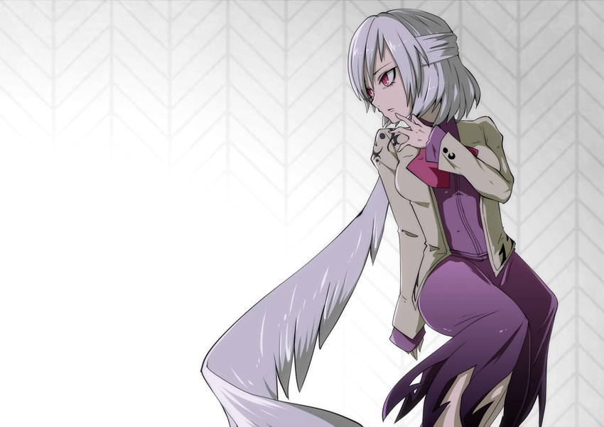 anime_coloring bow braid breasts brown_jacket dress expressionless french_braid gradient gradient_background grey_wings hand_up hips jacket kishin_sagume legs long_sleeves looking_to_the_side medium_breasts patterned_background purple_dress red_eyes short_hair silver_background silver_hair single_wing solo tenkomori_(bug_kura) touhou white_background wings