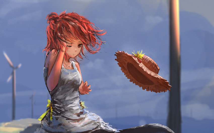 bangs cloud day dress ein_eis grey_dress hair_bun hand_in_hair hand_on_own_head hat hat_loss hat_removed headwear_removed highres looking_at_viewer one_eye_closed outdoors red_eyes red_hair ribbon short_hair sky sleeveless sleeveless_dress solo straw_hat sun_hat sundress wince wind wind_turbine windmill yahari_ore_no_seishun_lovecome_wa_machigatteiru. yuigahama_yui