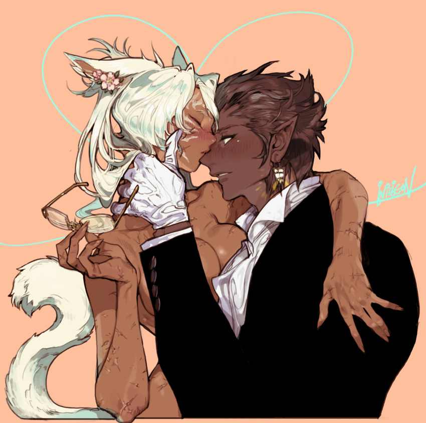 1boy 1girl animal_ears arched_back arm_around_neck artist_name blush breast_press breasts brown_hair cat_ears cat_tail closed_eyes dark_skin earrings ears_down elezen elf eyes_closed final_fantasy final_fantasy_xiv fingernails flower formal glasses glasses_removed gloves hand_on_another's_neck hand_on_another's_neck hetero highres jewelry long_fingernails long_hair miqo'te miqo'te nude pigeon666 pointy_ears profile scar short_hair suit tail twintails white_hair