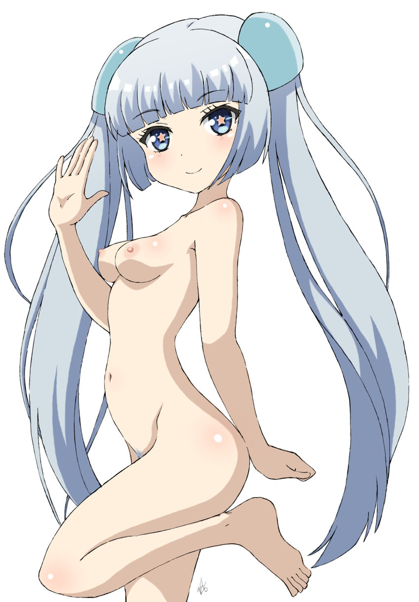 areolae barefoot blush breasts feet female from_side girlfriend_(kari) hair_ornament hairpods leg_up legs long_hair looking_at_viewer miss_monochrome miss_monochrome_(character) navel nipples nude pubic_hair signature silver_eyes silver_hair simple_background small_breasts smile solo star star-shaped_pupils symbol-shaped_pupils toes twintails vzmk2 waving white_background