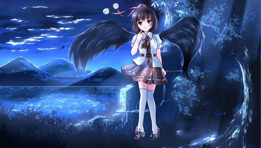 bird_wings black_hair black_wings brown_eyes cloud hat hat_ribbon highres lake looking_at_viewer miniskirt moonlight mountain night pom_pom_(clothes) puffy_sleeves ribbon risutaru shameimaru_aya shirt skirt sky smile solo thighhighs thighs tokin_hat touhou white_legwear wings zettai_ryouiki