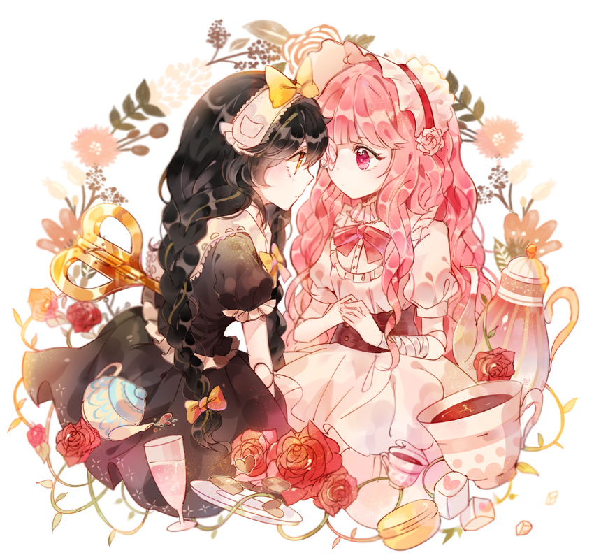 bad_id bad_pixiv_id bandaged_arm bandages bangs black_hair bonnet bow bowtie braid chalice commentary_request cup doll doll_joints dress eye_contact face-to-face flower flower_eyepatch food hair_bow hair_flower hair_ornament hairband hands_together jikgu lolita_hairband long_hair looking_at_another macaron multiple_girls orange_bow original pink_eyes pink_flower pink_hair pink_rose puffy_short_sleeves puffy_sleeves red_flower red_rose rose saucer short_sleeves single_braid sugar_cube teacup teapot wavy_hair winding_key yellow_bow yellow_eyes yuri