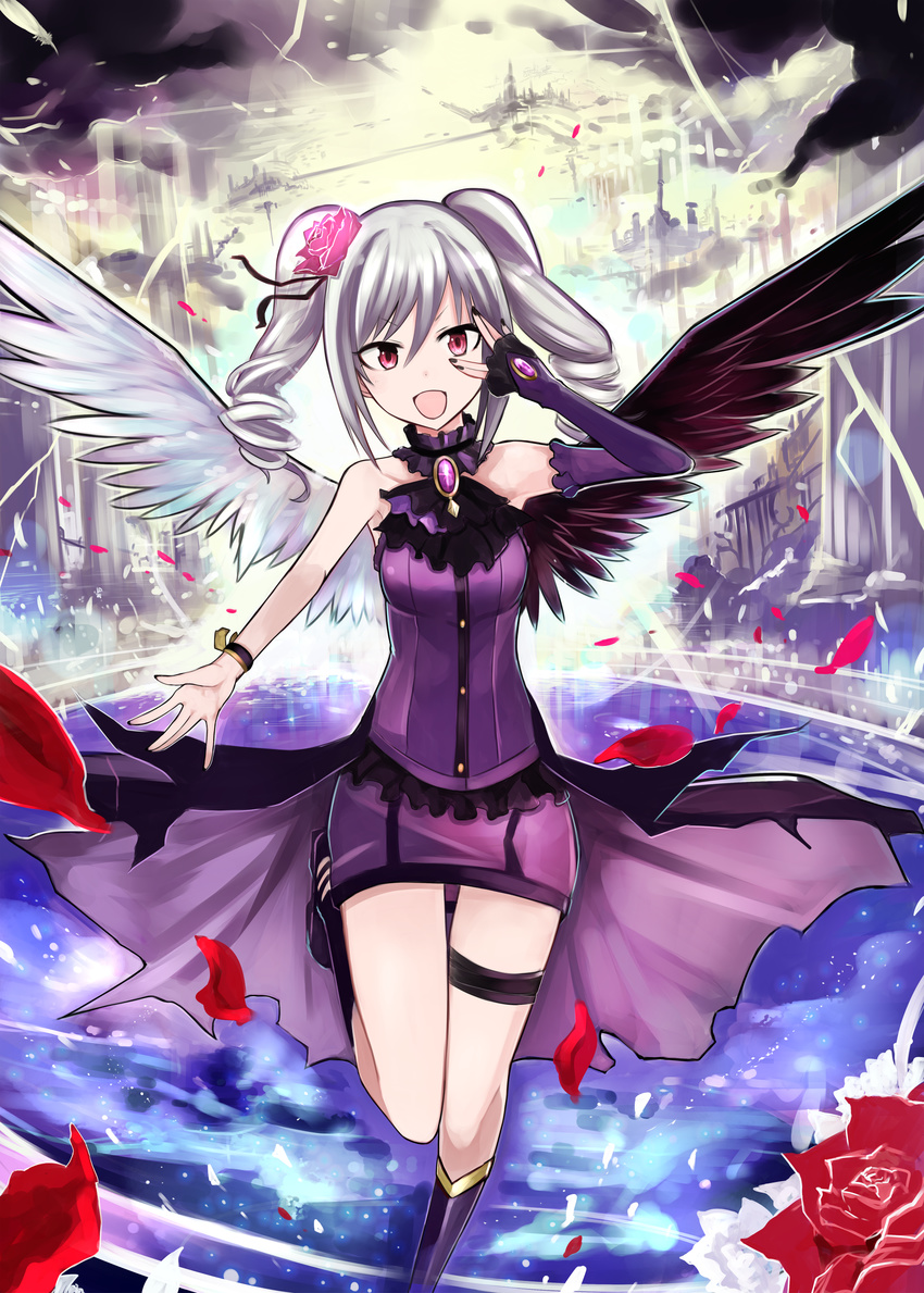 absurdres angel_wings dress drill_hair highres idolmaster idolmaster_cinderella_girls kanzaki_ranko long_hair looking_at_viewer nerotarou@seven open_mouth red_eyes rosenburg_engel silver_hair smile solo twin_drills twintails wings