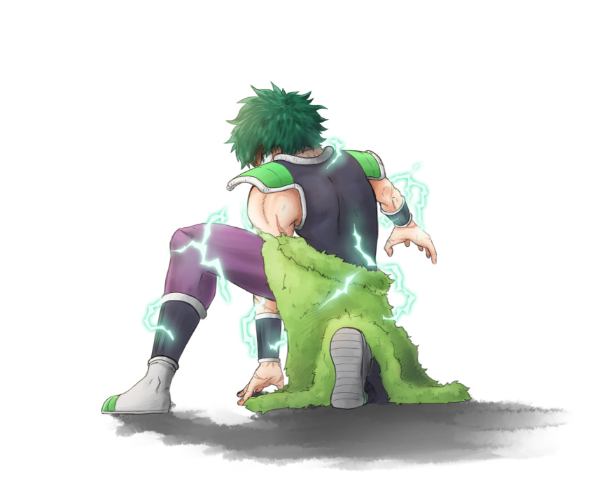 1boy boku_no_hero_academia broly broly_(cosplay) cosplay dragon_ball dragonball_z drawfag electricity full_body green_eyes green_hair highres midoriya_izuku pants purple_pants scar shoes solo wristband