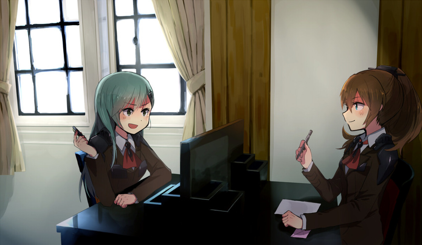 annin_musou ascot bad_id bad_pixiv_id blazer blue_eyes brown_hair curtains desk envelope green_eyes green_hair hair_ornament hairclip holding holding_pen jacket kantai_collection kumano_(kantai_collection) multiple_girls open_mouth paper pen ponytail smile suzuya_(kantai_collection) window