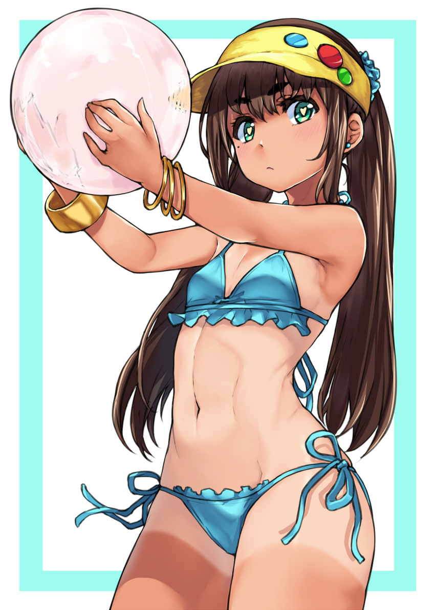 armpits ball beachball bikini blue_bikini blue_ribbon border bracelet brown_hair closed_mouth dark_skin eyebrows flat_chest green_eyes hai_ookami heart heart-shaped_pupils highres holding holding_ball jewelry long_hair looking_at_viewer low_twintails midriff mole mole_under_eye navel one-piece_tan original outside_border outstretched_arms ribbon side-tie_bikini simple_background solo standing stomach swimsuit symbol-shaped_pupils tan tanline thick_eyebrows twintails very_long_hair white_background