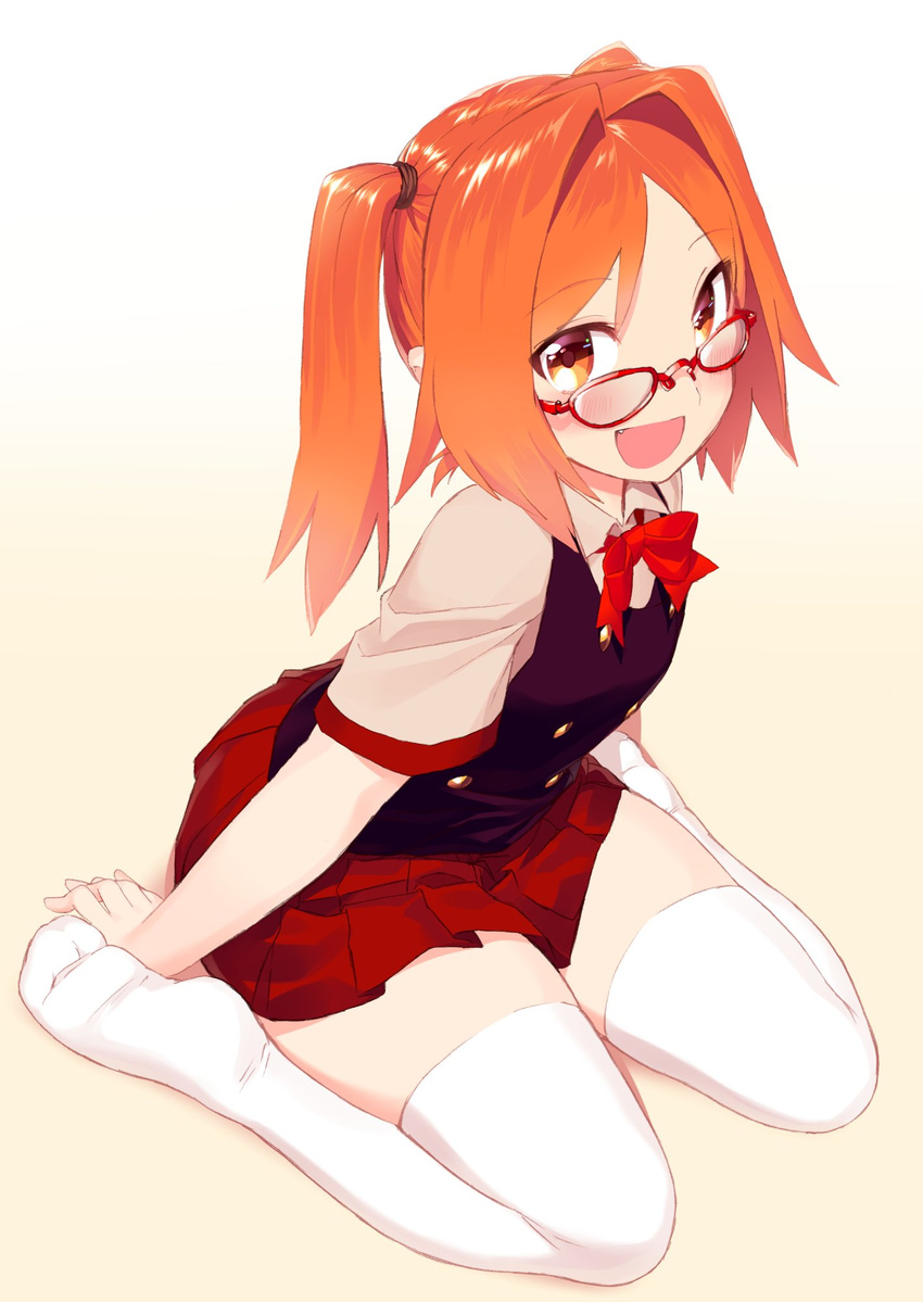 :d beige_shirt black_vest blew_andwhite blush bow bowtie buttons collared_shirt from_above full_body glasses hair_intakes highres hisakawa_kaede long_hair looking_at_viewer looking_up open_mouth orange_hair original pleated_skirt red-framed_eyewear red_bow red_neckwear red_skirt shirt short_sleeves sitting skirt smile solo thighhighs twintails vest wariza wing_collar yellow_eyes zettai_ryouiki
