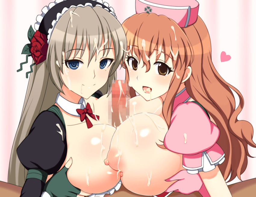 breasts cum cum_in_mouth cum_on_hair fanbox_reward hetero huge_breasts looking_at_viewer mahou_shoujo_tokushusen_asuka mugen_kurumi multiple_paizuri on ootorii_asuka paid_reward paizuri pov smile