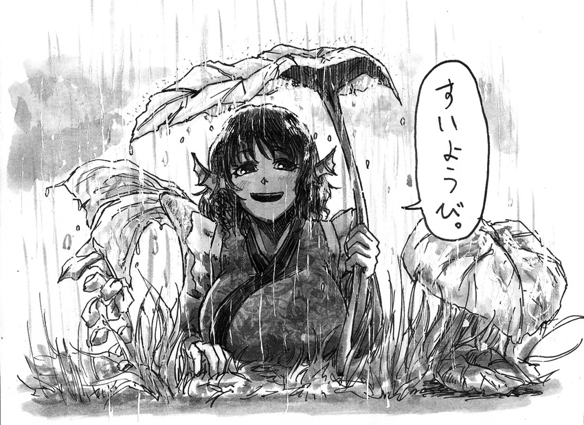 breasts cloud grass greyscale irony japanese_clothes kimono koyubi_(littlefinger1988) large_breasts lily_pad long_sleeves looking_at_viewer monochrome open_mouth rain short_hair smile solo touhou wakasagihime