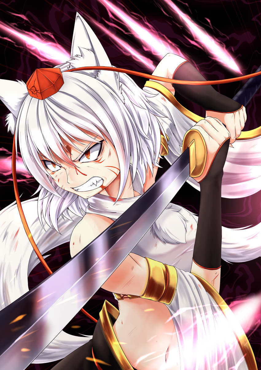 adapted_costume alternate_eye_color angry animal_ears black_skirt blood blood_on_face blood_trail breasts clenched_teeth crop_top detached_sleeves determined energy facial_mark fangs fighting_stance gauntlets hat highres holding holding_sword holding_weapon injury inubashiri_momiji inyuppo looking_to_the_side medium_breasts navel orange_eyes pom_pom_(clothes) reflection serious shirt short_hair skirt sleeveless sleeveless_shirt slit_pupils solo sword tail teeth tokin_hat touhou turtleneck weapon white_hair white_shirt wide_sleeves wolf_ears wolf_tail