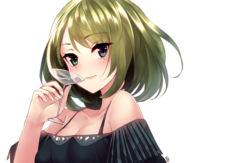 alcohol blue_eyes breasts brown_hair cleavage cup drinking_glass green_eyes heterochromia highres idolmaster idolmaster_cinderella_girls jun_project looking_at_viewer medium_breasts mole mole_under_eye short_hair solo takagaki_kaede wine_glass