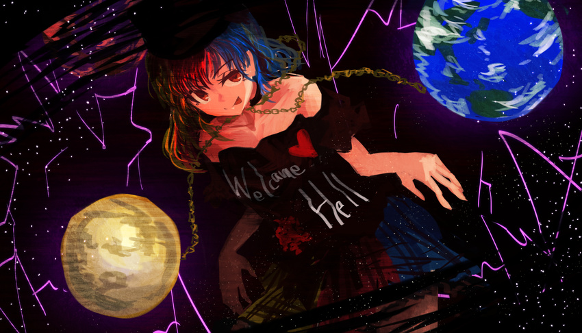 akaiha_(akaihasugk) bare_shoulders black_shirt blonde_hair blue_hair chain clothes_writing collar collarbone earth_(ornament) energy gold_chain gradient_hair hat hecatia_lapislazuli highres looking_at_viewer miniskirt moon_(ornament) multicolored multicolored_clothes multicolored_hair multicolored_skirt off-shoulder_shirt off_shoulder plaid plaid_skirt polos_crown red_eyes red_hair shirt short_sleeves skirt solo space tongue tongue_out touhou
