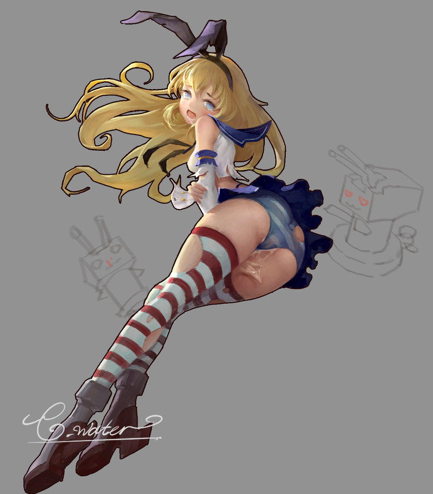animal_ears blonde_hair blue_eyes bunny_ears clear_water cum cum_in_mouth highres kantai_collection long_hair miniskirt panties pleated_skirt pussy_juice rudder_shoes sailor_collar saliva shimakaze_(kantai_collection) skirt solo striped striped_legwear striped_panties thighhighs torn_clothes underwear unfinished
