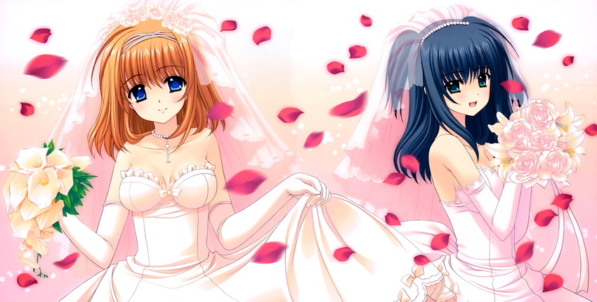 absurdres aqua_eyes black_hair blue_eyes bouquet breasts brown_hair cleavage collarbone dress elbow_gloves flower fuyou_kaede gloves hair_ornament highres holding holding_bouquet jewelry long_hair looking_at_viewer medium_breasts multiple_girls necklace nishimata_aoi open_mouth petals shuffle! sideboob smile strapless strapless_dress wedding_dress white_dress white_gloves yae_sakura