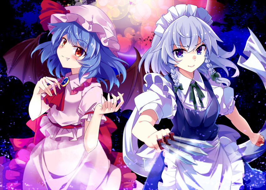 &gt;:) apron ascot bat_wings between_fingers blue_dress blue_eyes blue_hair blush braid brooch closed_mouth collar cowboy_shot dagger dress e.o. fang fang_out foreshortening frilled_shirt_collar frills full_moon gem glint hat hat_ribbon holding holding_weapon izayoi_sakuya jewelry knife looking_at_viewer maid maid_apron maid_headdress mob_cap moon multiple_girls outstretched_arm pink_shirt pink_skirt puffy_short_sleeves puffy_sleeves red_eyes red_moon remilia_scarlet ribbon sapphire_(stone) shirt short_hair short_sleeves silver_hair skirt smile throwing_knife tooth touhou twin_braids v-shaped_eyebrows vampire waist_apron weapon white_apron wings