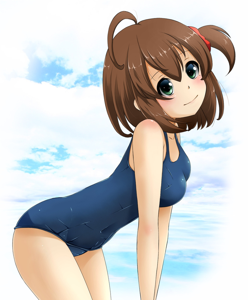 ahoge all_fours battle_girl_high_school blue_sky breasts brown_hair cloud day fumi_(fumifumi-graffiti) green_eyes highres hoshitsuki_miki medium_breasts one-piece_swimsuit one_side_up school_swimsuit sky smile solo swimsuit