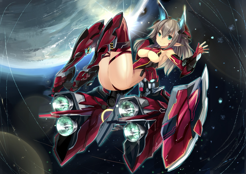 aqua_eyes ass bodysuit boots breasts earth elbow_gloves female gray_hair haik long_hair mecha original pointy_ears space stars thighhighs twintails underboob