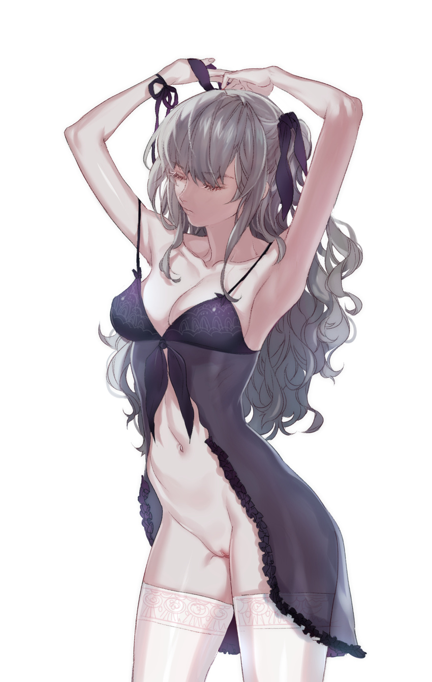 armpits arms_up babydoll bare_shoulders black_ribbon bottomless breasts cleavage closed_eyes closed_mouth collarbone contrapposto cowboy_shot hair_ribbon highres holding long_hair medium_breasts midriff navel off_shoulder original pussy ribbon see-through silver_hair simple_background solo standing stomach thighhighs very_long_hair white_background white_legwear wrist_ribbon zuizi