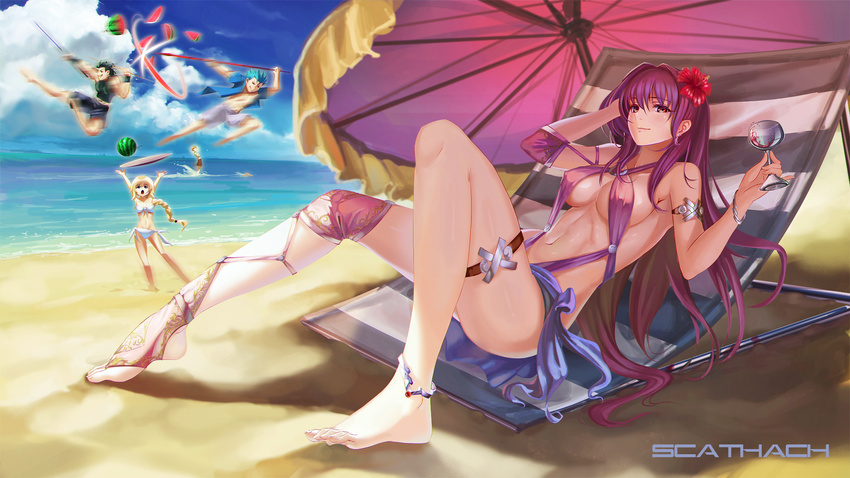 beach bikini fate/grand_order fate/stay_night fate/zero fate_(series) food fruit lancer lancer_(fate/zero) male ruler_(fate/apocrypha) ruler_(fate/grand_order) scathach_(fate/grand_order) swimsuit ushas watermelon