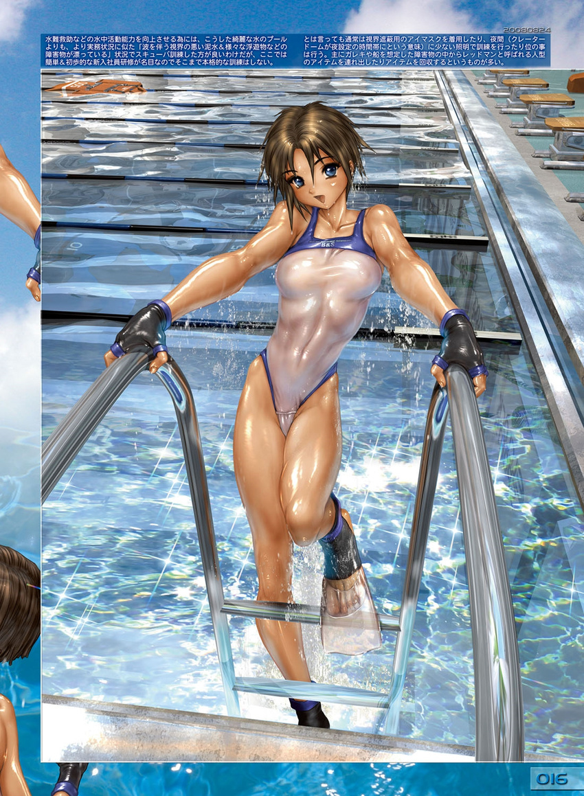 bikini blue_eyes brown_hair cyril_brooklyn fingerless_gloves gloves highres looking_at_viewer one-piece_swimsuit open_mouth pool pool_ladder shirou_masamune short_hair smile swimsuit w_tails_cat