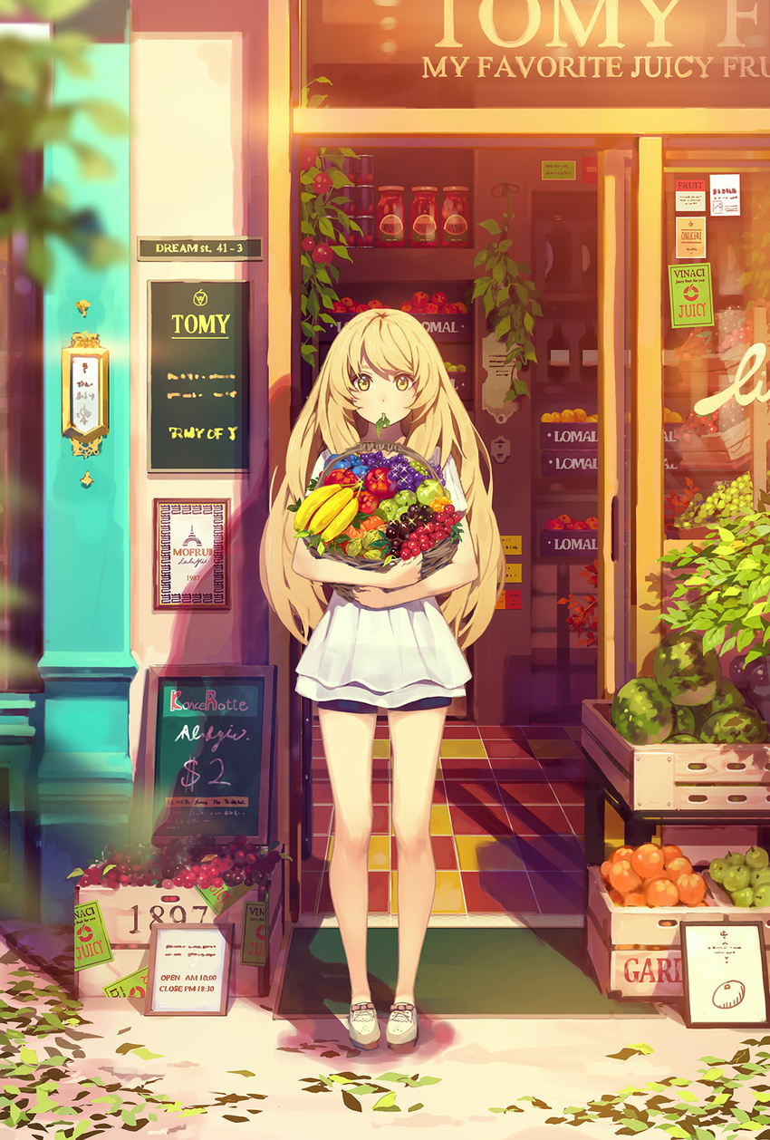 apple banana bangs bare_legs basket black_shorts blonde_hair blouse blurry bottle box can closed_mouth commentary depth_of_field door english expressionless food food_request fruit full_body glass grapes highres holding hug jam jar juice leaf legs_apart long_hair looking_at_viewer mouth_hold number open_door orange original outdoors paper plant poster_(object) potted_plant price see-through shade shadow shoes short_sleeves shorts solo sparkle standing storefront tile_floor tiles time vines watermelon white_blouse white_footwear yellow_eyes yohan12