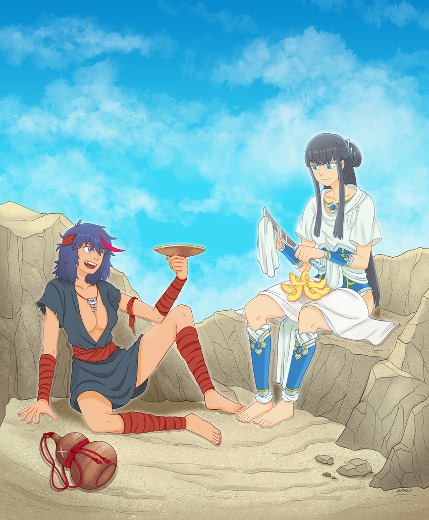 adapted_costume alcohol alternate_hairstyle ankle_wrap barefoot black_hair blue_eyes breasts cleavage cloud collarbone day desert eyebrows fangs food fruit gourd headband herokick highres jewelry kill_la_kill kiryuuin_satsuki knife large_breasts long_hair matoi_ryuuko messy_hair multicolored_hair multiple_girls necklace peach pelvic_curtain protected_link revealing_clothes rg_veda sake sand shin_guards short_hair side_slit sky smile streaked_hair thick_eyebrows wrist_guards wrist_wrap