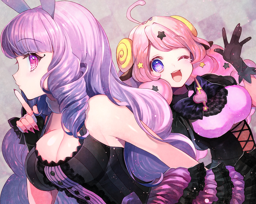 2girls animal_ears blue_eyes breasts bunny_ears bunnygirl chuchu_(show_by_rock!!) cleavage close corset cropped dress moa_(show_by_rock!!) momoshiki_tsubaki pink_eyes pink_hair purple_hair sheepgirl show_by_rock!! waifu2x