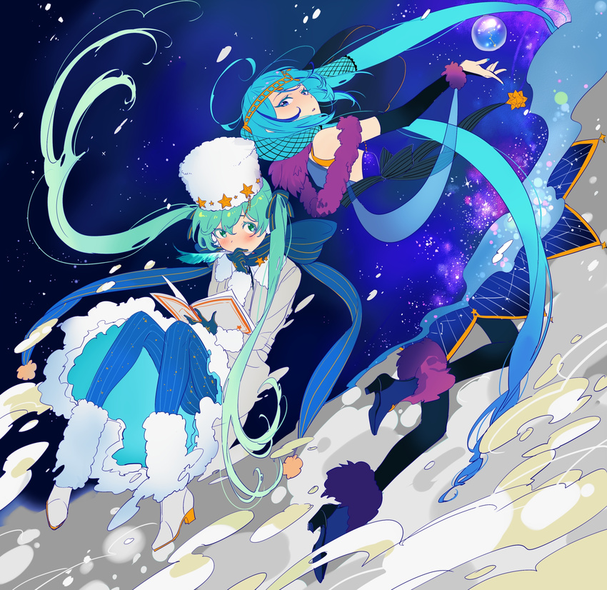 back-to-back black_gloves black_legwear blue_dress blue_eyes blue_hair blue_legwear blue_nails blush book bridal_gauntlets circlet dress dual_persona elbow_gloves full_body gloves green_eyes green_hair grey_coat hat hatsune_miku high_heels highres holding leg_warmers long_hair looking_at_viewer looking_back nail_polish open_book pantyhose quill shawl shoes space star striped striped_legwear tassel twintails ushi_(newrein) vertical-striped_legwear vertical_stripes very_long_hair vocaloid white_footwear white_hat