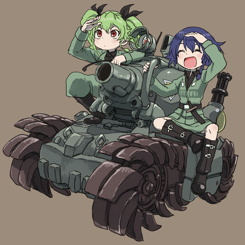 absurdres anchovy anzio_military_uniform arm_support bangs belt black_footwear black_hair black_shirt boots braid dress_shirt drill_hair girls_und_panzer green_hair grey_background grey_jacket grey_pants grey_skirt ground_vehicle hair_ribbon highres jacket knee_boots kneeling knife long_hair long_sleeves metal_slug military military_uniform military_vehicle miniskirt motor_vehicle multiple_girls pants pencil_skirt pepperoni_(girls_und_panzer) red_eyes ribbon riding riding_crop shirt short_hair shoulder_belt side_braid simple_background sitting skirt snk sv001_(metal_slug) tank twin_drills twintails uniform yamamoto_souichirou