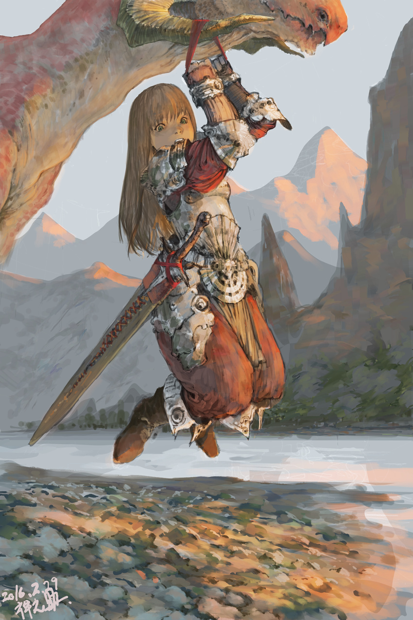 absurdres arm_support armor baggy_pants bangs blurry boots breastplate brown_hair commentary dated day depth_of_field dragon fantasy fingerless_gloves full_body gloves green_eyes hanging hanging_on height_difference highres holding horns knight long_hair looking_at_viewer looking_to_the_side mountain muted_color nature open_mouth original outdoors pants petite river rock scabbard scenery sheath sheathed shore shoulder_armor signature sketch sky solo spaulders surprised sword water weapon you're_doing_it_wrong zennosuke