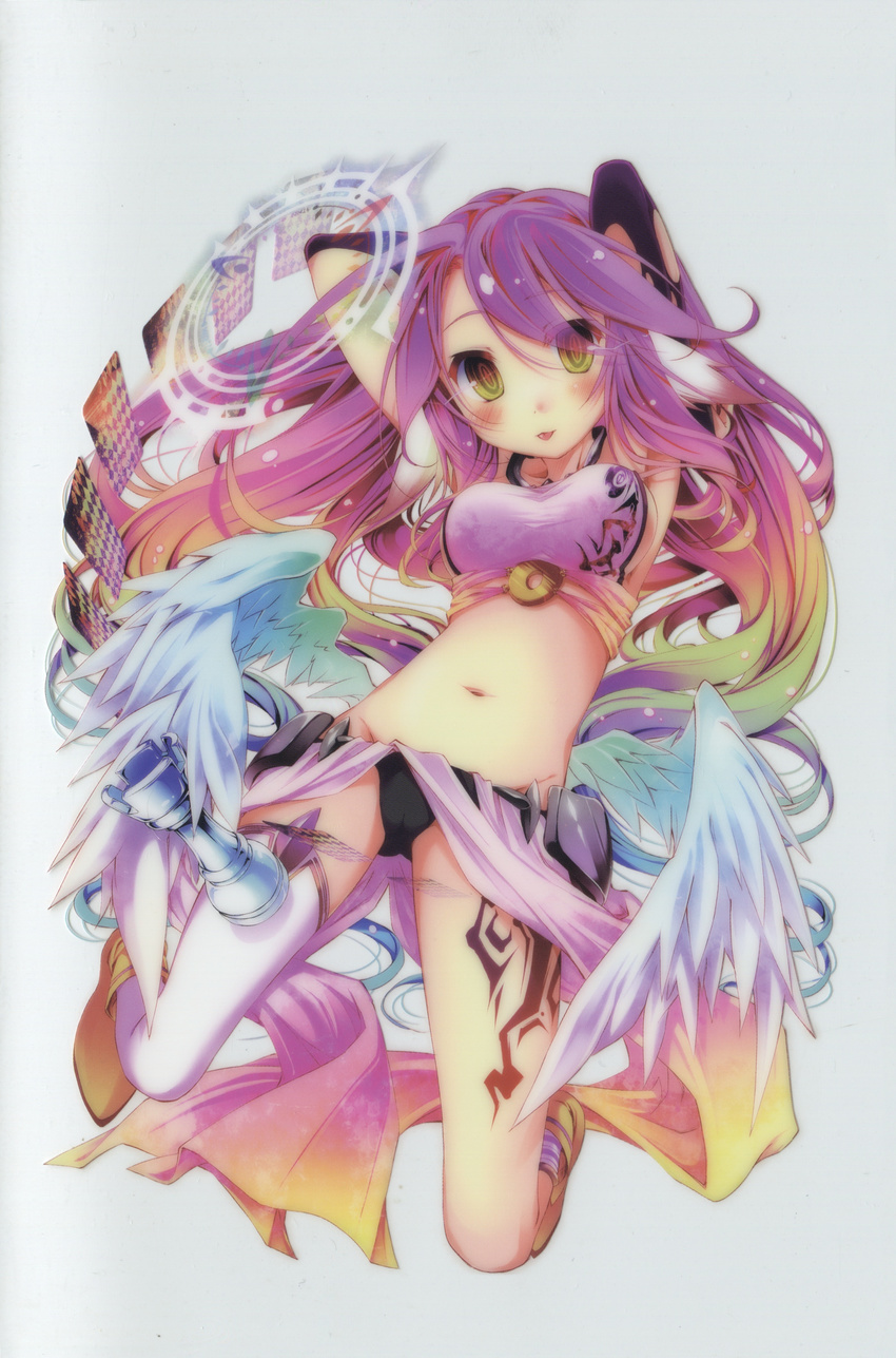 absurdres angel_wings arms_behind_head blush breasts bridal_gauntlets card chess_piece crop_top cross derivative_work feathered_wings gloves gradient_eyes gradient_hair halo highres jibril_(no_game_no_life) kamiya_yuu long_hair low_wings magic_circle medium_breasts midriff mismatched_legwear multicolored multicolored_eyes multicolored_hair navel no_game_no_life official_art orange_eyes pink_hair scan sideboob smile solo symbol-shaped_pupils tattoo thighhighs tongue tongue_out very_long_hair white_wings wing_ears wings yellow_eyes