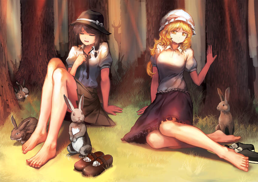 animal ankle barefoot black_neckwear blonde_hair bow breasts brown_hair brown_skirt bunny closed_eyes closed_mouth collared_shirt deer forest frilled_shirt frilled_skirt frills full_body grass hand_on_own_chest hat hat_bow highres hijiwryyyyy hot knees_up legs light_rays long_hair long_legs looking_at_viewer loose_necktie maribel_hearn mary_janes medium_breasts mob_cap multiple_girls nature necktie open_collar open_mouth outdoors pleated_skirt puffy_short_sleeves puffy_sleeves purple_skirt shirt shoes shoes_removed short_hair short_sleeves sitting sitting_on_ground skirt socks_removed sunlight sweat thighs toes touhou tree unbuttoned unbuttoned_shirt usami_renko white_hat white_shirt wing_collar yellow_eyes yokozuwari