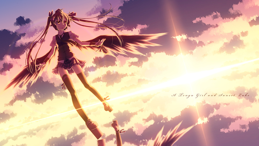 akakage_red alternate_costume black_legwear cellphone geta highres himekaidou_hatate miniskirt necktie phone reflection skirt solo thighhighs touhou twilight twintails wallpaper wings zettai_ryouiki