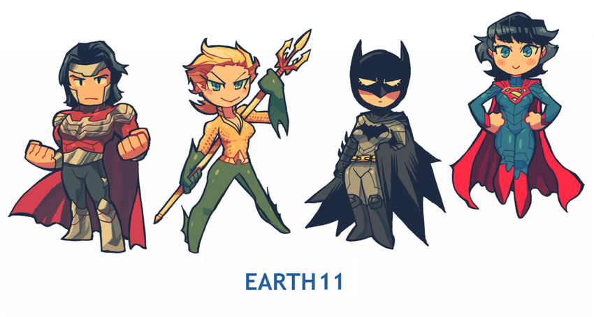 3girls aqua_man batman black_hair blonde_hair blue_eyes bodysuit boots cape dc_comics genderswap justice_league looking_at_viewer mask multiple_girls rariatto_(ganguri) side-by-side smile superhero superman wonder_woman