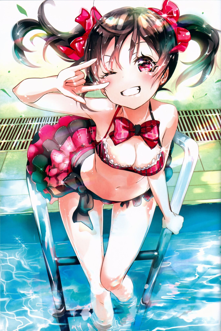 \m/ bare_legs bare_shoulders bikini bikini_skirt black_hair blush bow breasts cleavage drain_(object) frilled_bikini frills from_above hair_bow highres long_hair looking_at_viewer looking_up love_live! love_live!_school_idol_project medium_breasts navel nico_nico_nii one_eye_closed outdoors pool pool_ladder poolside r123 red_eyes smile solo swimsuit twintails wading water yazawa_nico