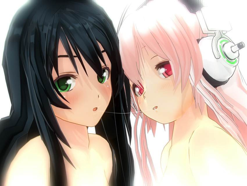 3d after_kiss bare_shoulders black_hair blush fujimi_suzu green_eyes headphones highres long_hair looking_at_viewer multiple_girls nitroplus open_mouth pink_eyes pink_hair saliva saliva_trail super_sonico uld_macaron upper_body white_background yuri