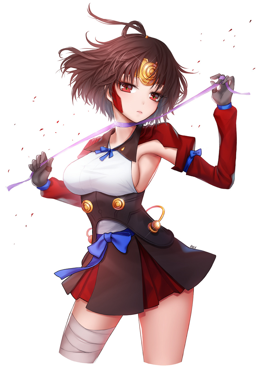 ankkoyom armpits artist_name backlighting bad_id bad_pixiv_id bandaged_leg bandages black_gloves bloom blue_bow bow breasts brown_hair brown_skirt choker contrapposto corset cropped_legs floating_hair glint gloves head_tilt headpiece highres koutetsujou_no_kabaneri large_breasts long_sleeves looking_at_viewer mismatched_legwear mumei_(kabaneri) parted_lips red_eyes ribbon_choker short_hair sideboob simple_background skirt solo standing topknot white_background wind wing_collar