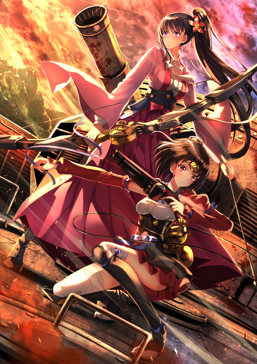 arrow bandages black_hair boots bow_(weapon) brown_hair cloud flower glint ground_vehicle hair_flower hair_ornament high_ponytail highres holding japanese_clothes koutetsujou_no_kabaneri long_hair long_sleeves military military_vehicle motor_vehicle multiple_girls mumei_(kabaneri) ponytail purple_eyes red_eyes ribbon short_hair sitting sky steampunk swordsouls tank thigh_boots thighhighs very_long_hair weapon wide_sleeves yomogawa_ayame