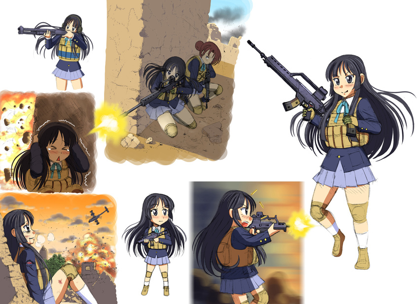 aircraft akiyama_mio assault_rifle battle_rifle black_eyes black_hair bulletproof_vest closed_eyes commentary_request explosion firing g36 gloves gun heckler_&amp;_koch helicopter injury k-on! load_bearing_vest long_hair m4_carbine magazine_(weapon) military military_operator multiple_girls muzzle_flash plate_carrier rifle sakuragaoka_high_school_uniform school_uniform shotgun suupii weapon