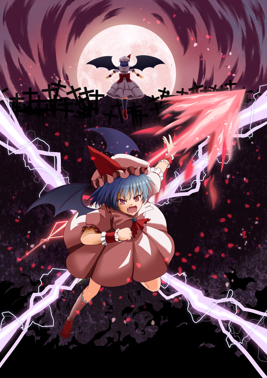 absurdres ascot bangs bat_wings blue_dress blue_hair bow cross dress fangs frilled_sleeves frills from_behind full_moon glowing hat hat_ribbon highres holding holding_weapon kneehighs looking_at_viewer mob_cap moon multiple_girls multiple_persona open_mouth outstretched_arms pink_dress puffy_short_sleeves puffy_sleeves red_bow red_eyes remilia_scarlet ribbon short_hair short_sleeves spear_the_gungnir touhou uzura_purin weapon wings wrist_cuffs