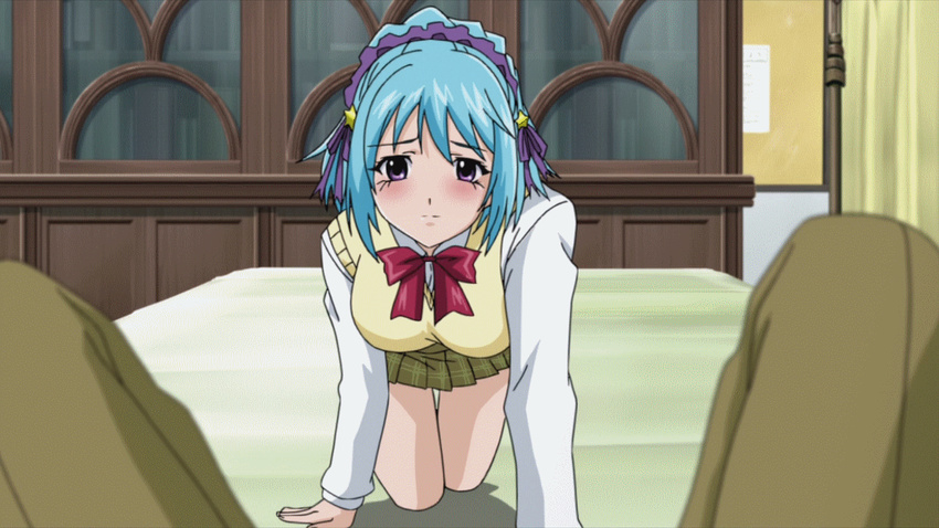 1girl all_fours animated animated_gif bed blue_hair blush bouncing_breasts breasts cleavage crawling hairband kurono_kurumu large_breasts ponytail purple_eyes rosario+vampire school_uniform short_hair skirt succubus sweater_vest swinging_breasts talking